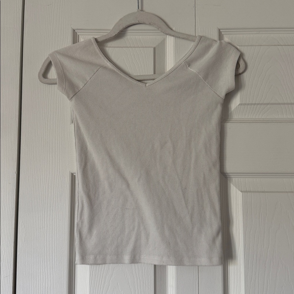 American Eagle Outfitters Cream Ribbed Short Sleeve Top